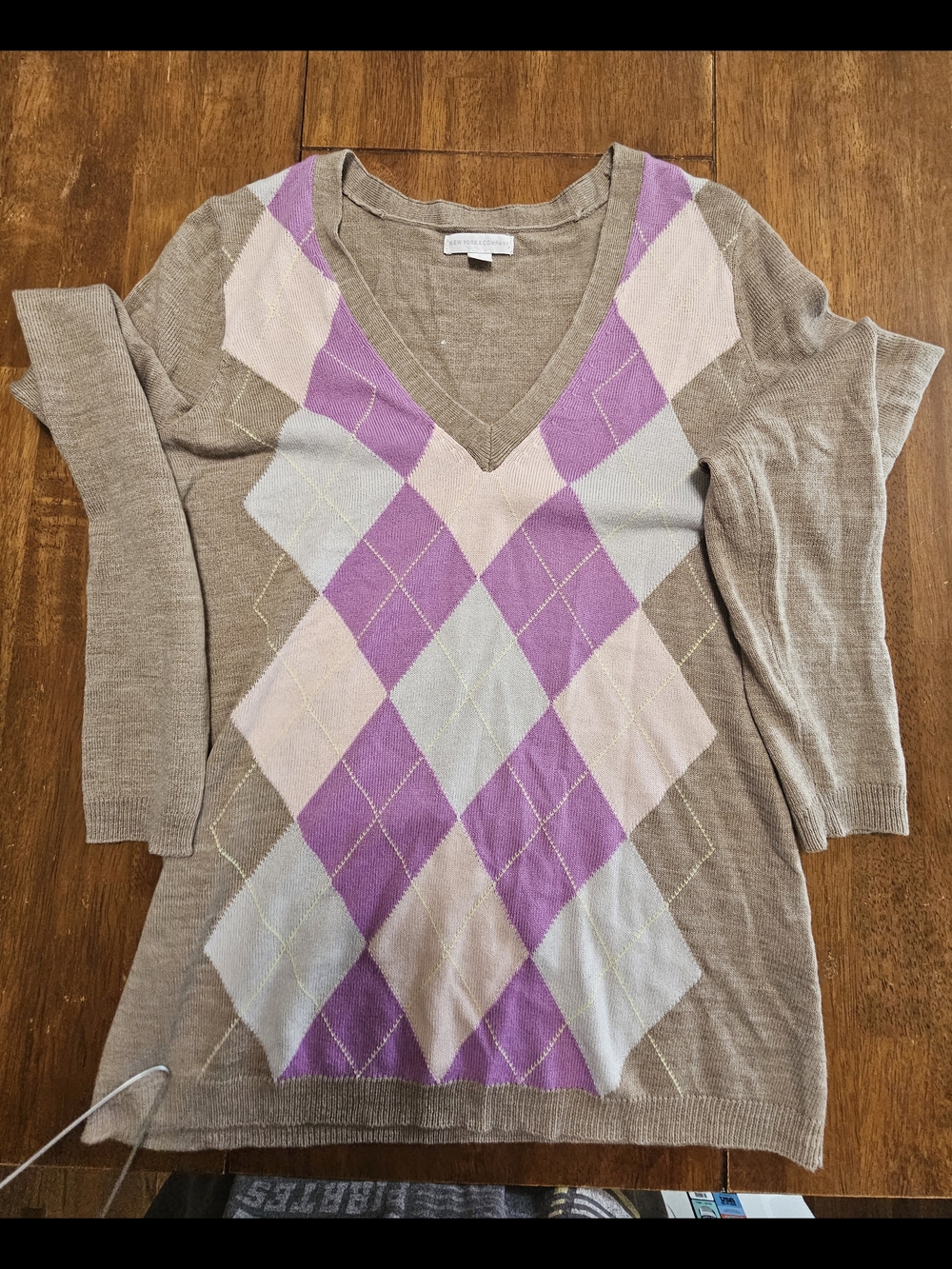 Taupe V-Neck Argyle Sweater with Purple and Light Pink Accents